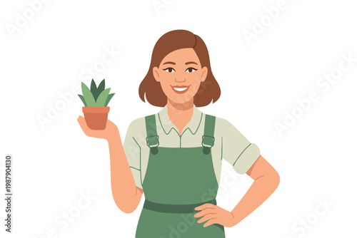 Flat vector illustration of a female gardener with a houseplant. Happy young woman gardener holding a potted plant. 