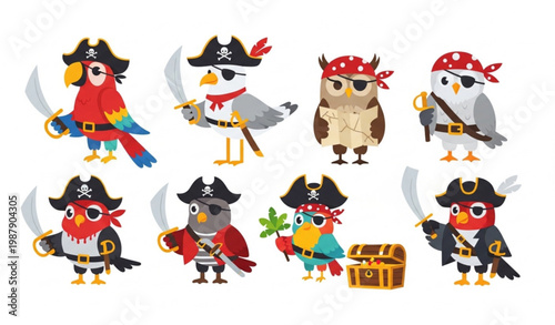Cute pirate birds cartoon character set with parrot and sea birds vector illustration isolated on white background