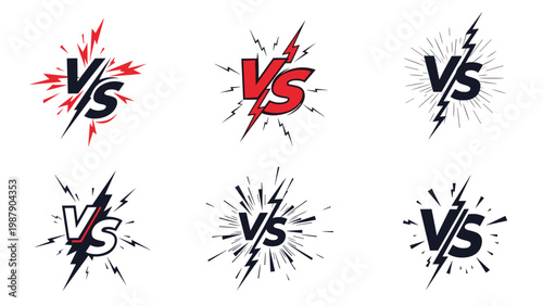 Collection of versus or VS battle logo symbols with lightning bolts and explosive effects in red and black color schemes.
