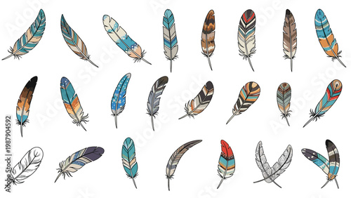 Variety of colorful patterned bird feathers in different shapes and bohemian styles arranged on a plain white background.