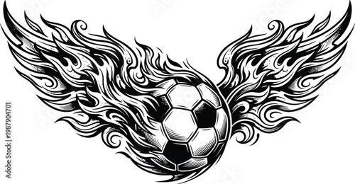 A soccer ball with flaming wings