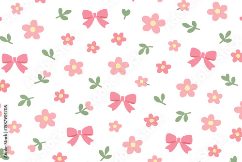 Seamless floral bow pattern, pink flowers background, cute bow vector, feminine repeating design, girly floral wallpaper, romantic pastel pattern, decorative botanical illustration, nursery textile pr