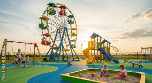 Children Playing on a Colorful Playground with Ferris Wheel.