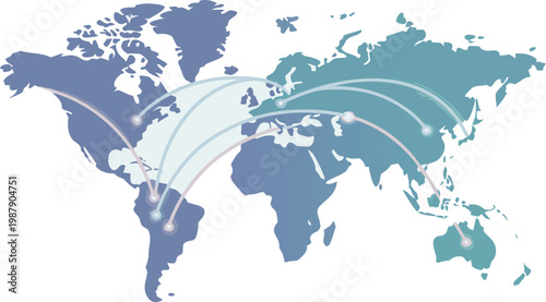 Global world map network connection illustration with blue continents and connecting curves.
