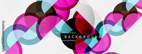 Abstract colorful circles overlap, creating dynamic background. Modern design features vibrant pinks, blues, browns. Simple, clean aesthetic.