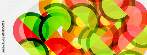Abstract circles overlap, creating vibrant color patterns. Green, orange, red hues dominate composition. Simple design.