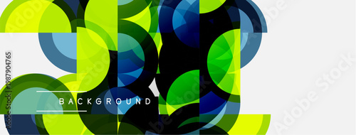 Abstract geometric shapes overlap, creating vibrant color composition. Yellows, greens, blues dominate design. Modern, dynamic visual element.