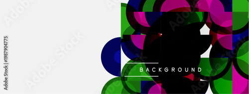 Abstract geometric shapes overlap, creating vibrant colorful background. White space dominates left side. Modern design elements present.