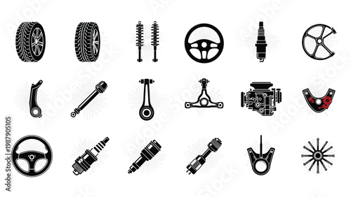 Assortment of mechanical car part icons like tires steering wheels spark plugs and engines in black and white.