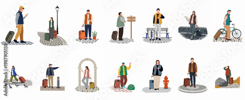 A diverse collection of flat vector illustrations featuring various travelers and tourists with suitcases and luggage exploring urban and outdoor settings.