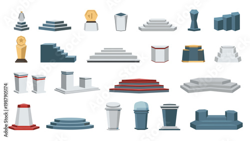 Set of various pixel art podiums, trophies, and pedestals in different colors and shapes for game design and awards.