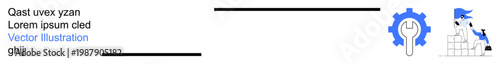 Innovation, teamwork, collaboration, problem-solving, technical planning, productivity. Lightbulb with gear, person climbing blocks. Innovation and teamwork concepts in progress ion