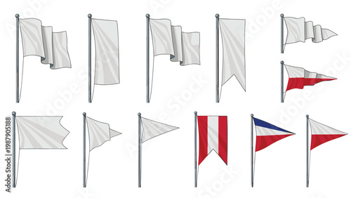 Assortment of flag icons in various shapes like pennants and rectangles, including blank white and colored versions.