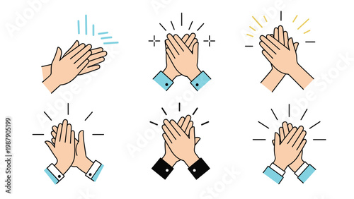 Illustration of several pairs of hands clapping or applauding in different styles and sleeve colors to show appreciation.