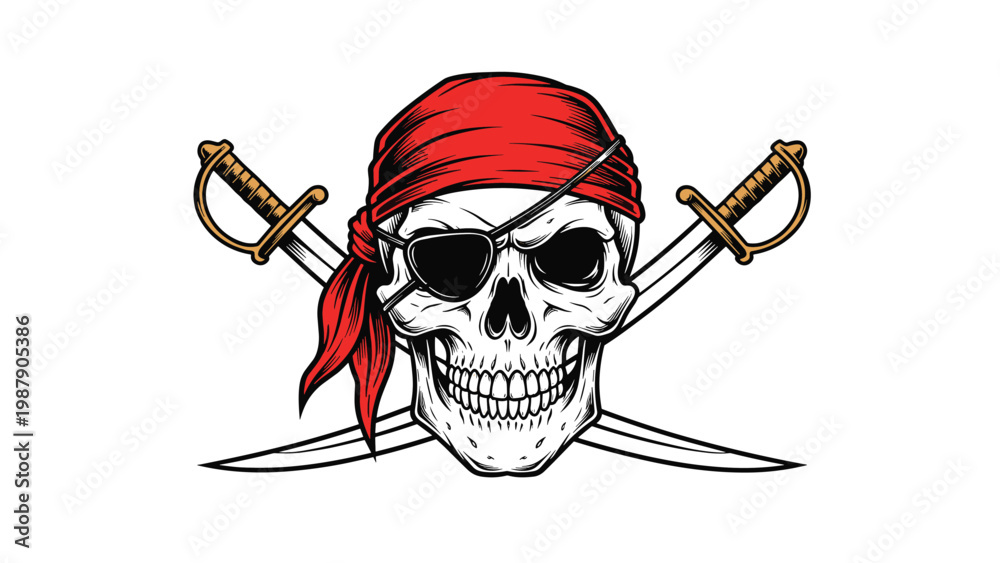 Fototapeta premium Pirate themed emblem featuring a human skull wearing a red bandana and eye patch with two crossed cutlass swords on white background.