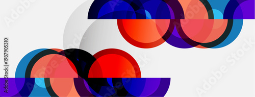 Abstract composition featuring overlapping colorful arcs. Red, blue, purple hues create dynamic visual effect. Simple shapes, modern design.