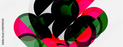 Abstract floral design. Overlapping shapes create vibrant, modern composition. Pink, green, black hues dominate white background.