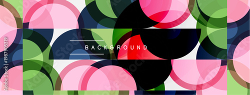 Abstract geometric pattern. Overlapping circles, squares create vibrant colorful background. Modern design elements present.