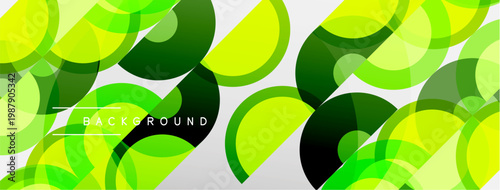 Abstract green circles overlap white surface. Modern design, dynamic composition, suitable background element. Simple, clean aesthetic.
