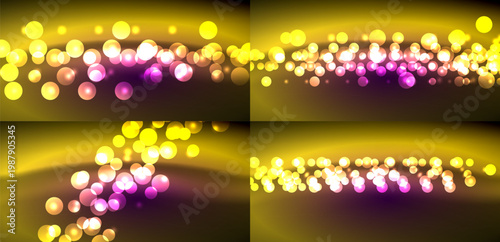 Golden bokeh lights create abstract patterns. Soft glows, vibrant colors, blurred circles dominate composition. Festive, dreamy aesthetic.
