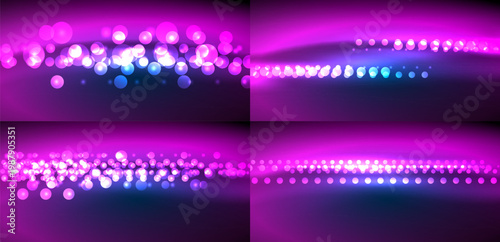 Abstract backgrounds feature vibrant purple hues, glowing dots, light streaks. Dynamic patterns create energetic visual effect.