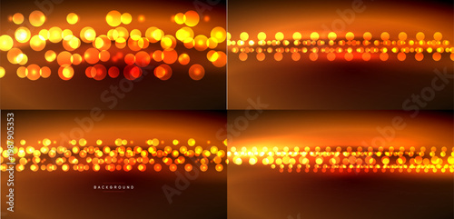 Four abstract backgrounds feature warm orange, red bokeh effects. Light creates festive, glowing patterns across dark surfaces.