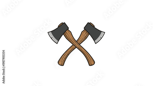 Illustration of two crossed axes with wooden handles and sharp metal blades isolated on a white background for logging design.