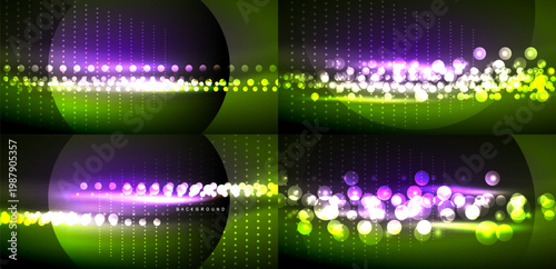 Bright neon lights form abstract shapes. Green, purple, white glow creates dynamic visual effect. Modern design elements present.