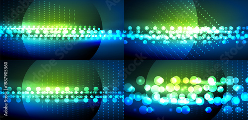 Bright abstract backgrounds. Glowing circles, lines create dynamic visual effect. Dark backdrop enhances vibrant colors, modern design.