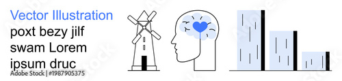 Sustainability, mental health, renewable energy, data analysis, education, innovation. Windmill, stylized head with heart bar chart. Renewable energy and mental health concept