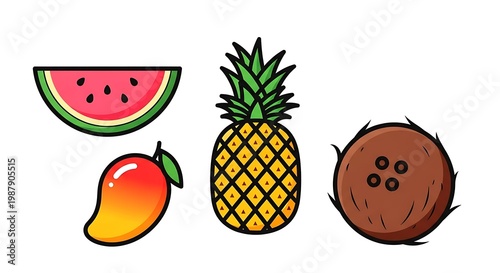 Colorful fruit icons on white.