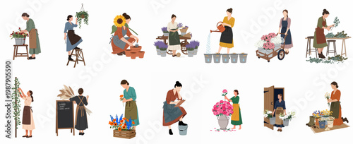 Collection of Flat Style Illustrations Featuring Women Florists and Gardeners Performing Various Professional Tasks with Flowers and Plants
