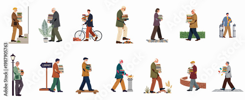 Diverse set of character illustrations of men and women carrying stacks of books, representing library visits, education, and lifelong learning.