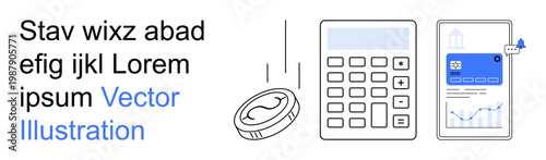 Financial planning, budgeting apps, digital transactions, mobile analytics, finance, accounting tools. a calculator, falling coin and smartphone with data charts. Finance and budgeting apps concept
