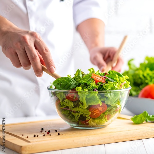 A person, dressed in a white chef's coat, tosses a vibrant salad with wooden spoons in a glass bowl. Fresh tomatoes and greens are featured