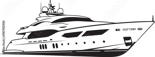 Luxury yacht, speedboat, boat, vector illustration, nautical design, black and white