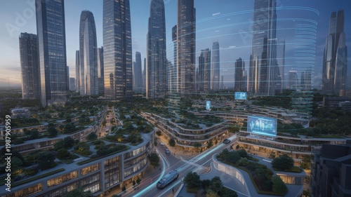 modern cityscape with sleek skyscrapers and digital technology integration at dusk