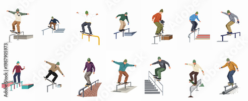 Set of isolated vector illustrations featuring male skateboarders performing various grind and slide tricks on street obstacles like rails, ledges, and stairs.