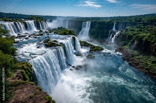 Iguazu falls powerful water streaming through lush jungle