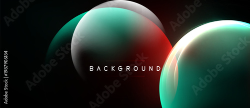 Abstract design features overlapping glowing circles. Colors include teal, red, white against black backdrop. Modern, dynamic composition.