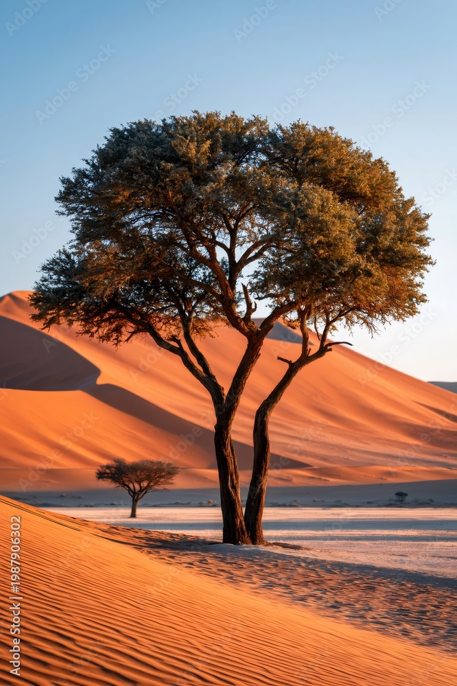 Naklejka premium Acacia tree standing in namib desert sand dunes