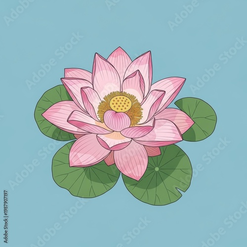 Beautiful Pink Lotus Flower with Green Leaves on Blue Background.
