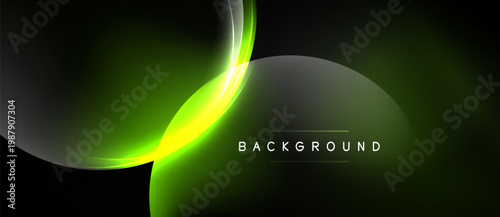 Abstract design features glowing green curves over dark background. Modern aesthetic, smooth gradients create dynamic visual impact.