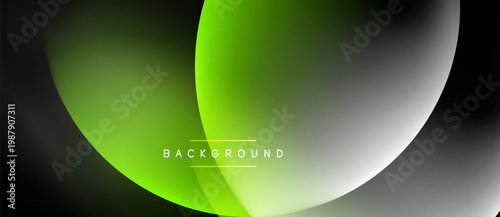 Abstract design features overlapping green, gray circles. Minimalist style with text background centered. Dark backdrop creates contrast.