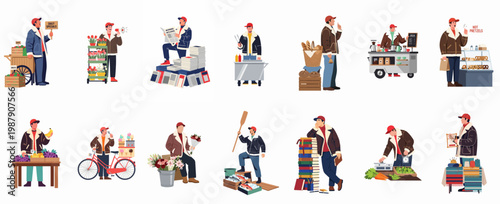 Comprehensive Collection of Flat Vector Illustrations Featuring Diverse Street Vendors and Local Market Stall Owners Offering a Variety of Products.