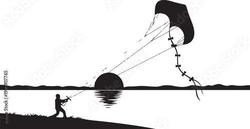 Kite surfing, kitesurfing silhouette, water sports, adventure activities, black vector icon