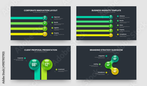 Investor Review Four Five Two Three Element Infographic Slideshow Design Vector Illustration Bundle. Clean Innovation 4 5 2 3 Option Diagram Frame Layout Collection.