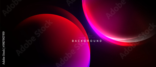 Abstract design features overlapping circles. Vibrant magenta, red hues blend into dark background. Modern, dynamic visual composition.
