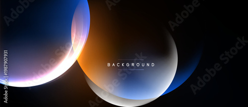 Abstract design features overlapping colorful circles. Gradient hues blend, creating dynamic visual effect on dark backdrop. Minimalist style.