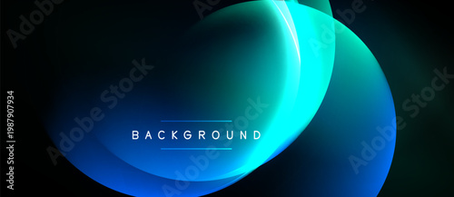 Abstract blue shapes overlap, creating dynamic background. Smooth gradients suggest depth, modern design aesthetic. Dark space surrounds vibrant forms.